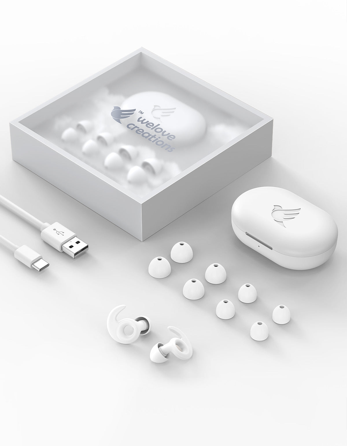 White color Welove Earplugs Airy with UV sanitizer case and USB cable, 5 sizes of eartips