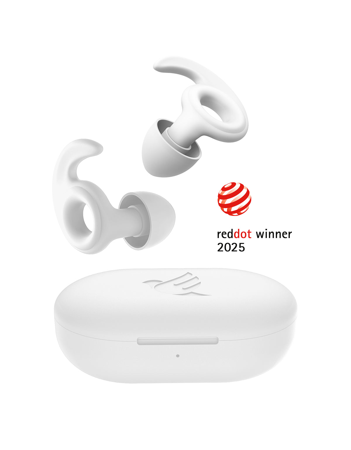 Close-up of the best white earplugs for sleeping, shown with their UV-sanitizing case on a clean white background — featuring the Red Dot Design Award.
