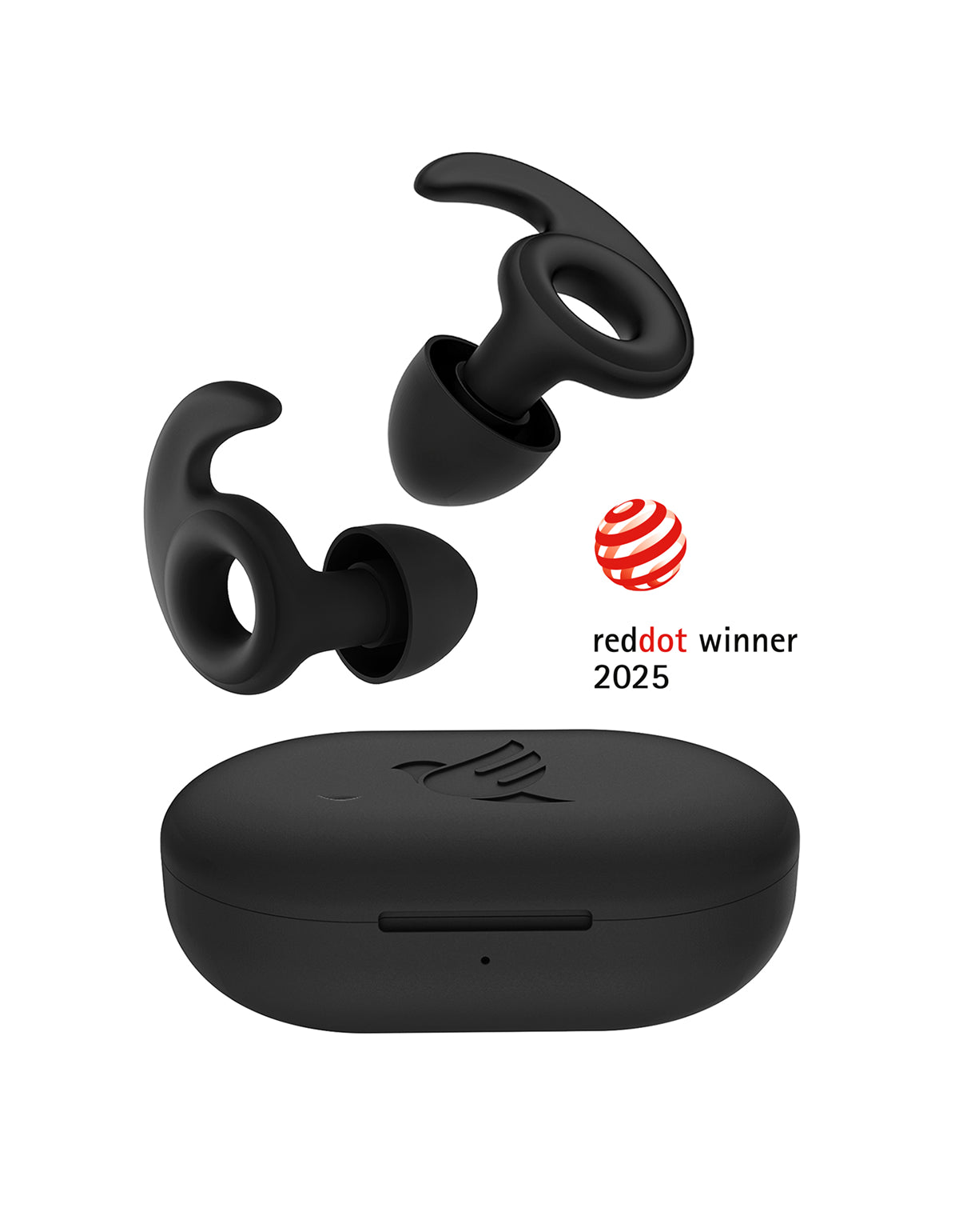 Closeup of welove earbuds with UV sanitizer case featuring Red Dot Award