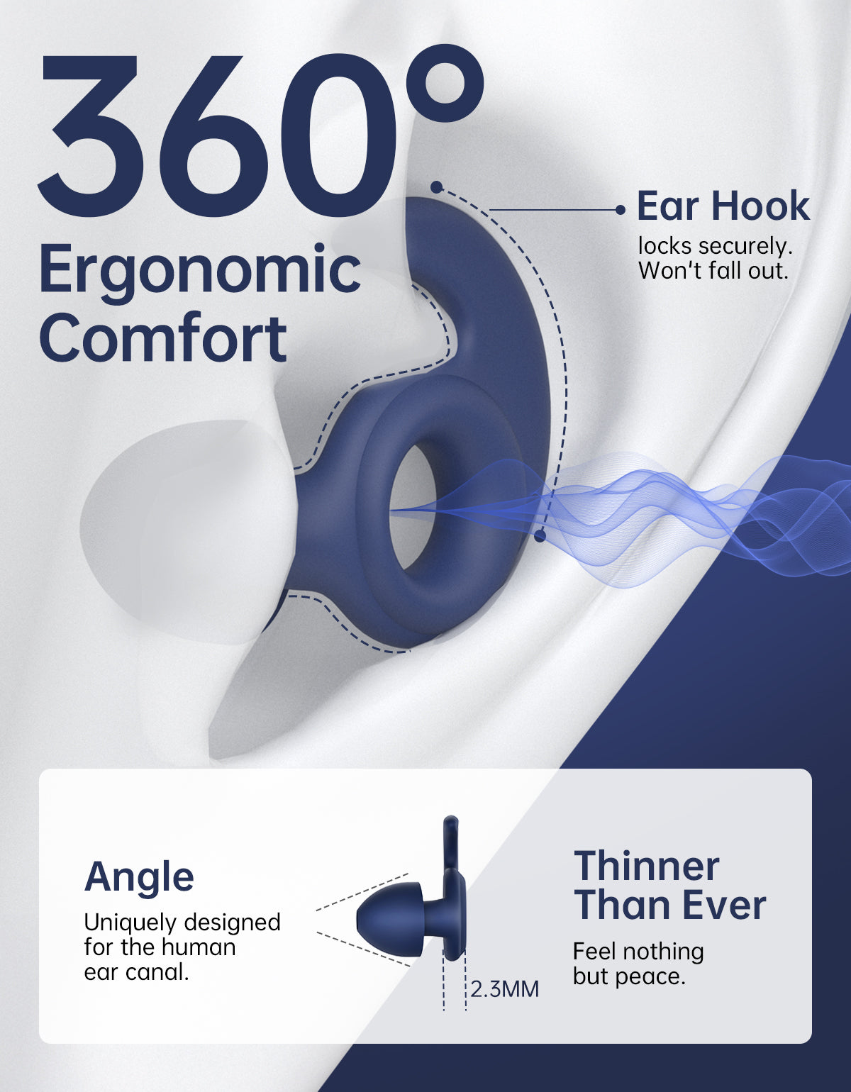 Navy Blue ergonomic earplugs for sleeping close-up