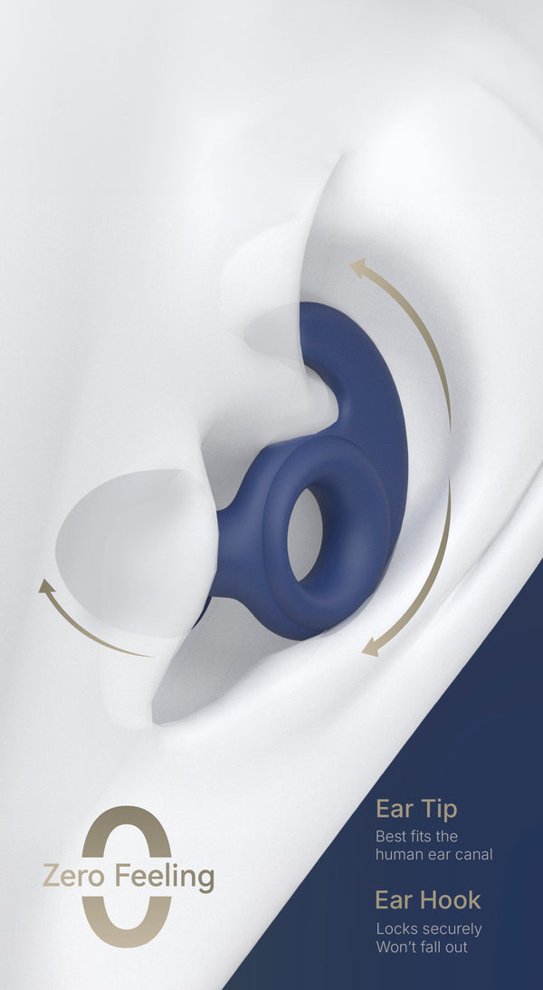 Welove Noise canceling Earplugs with Blue ear tip best fits human ear canal and ear hook locks securely with 'Zero Feeling' branding.
