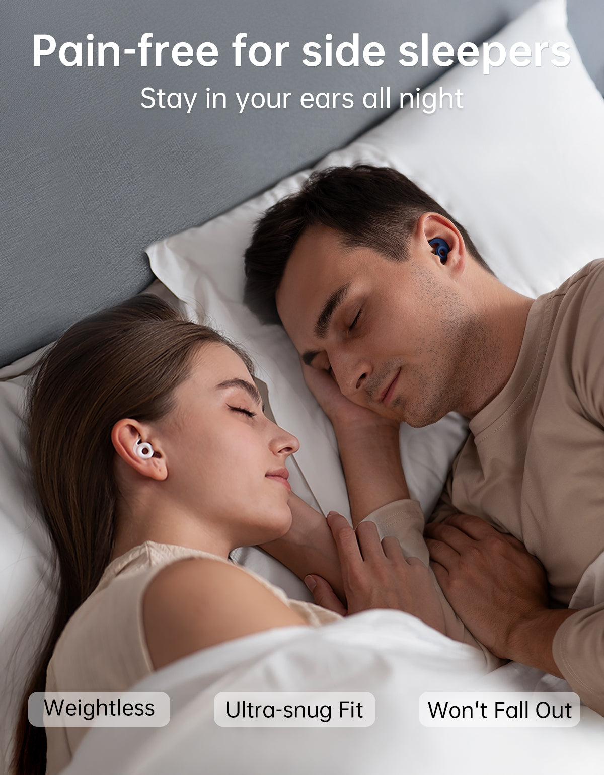 couple lying in bed with earplugs of -18 dB NRR for sleeping