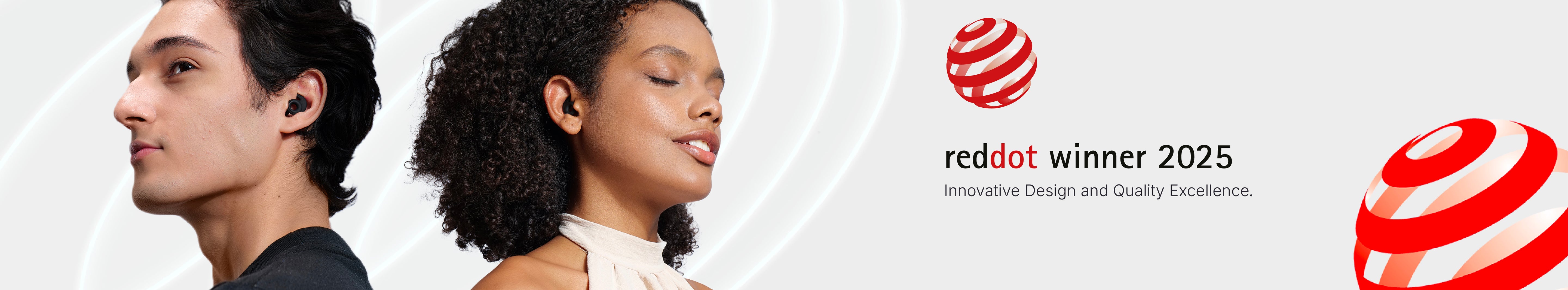 Two people with Welove silicone noise canceling Earplugs for sleeping and travel, Red Dot winner 2025