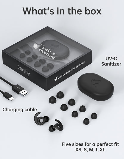 Earplugs packaging with Ergonomic earplugs silicone noise reduction  Integrated UV Sanitizer and charing cable