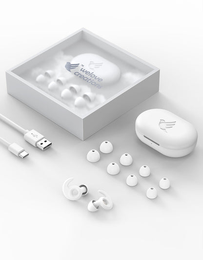 White color Welove Earplugs Airy with UV sanitizer case and USB cable, 5 sizes of eartips