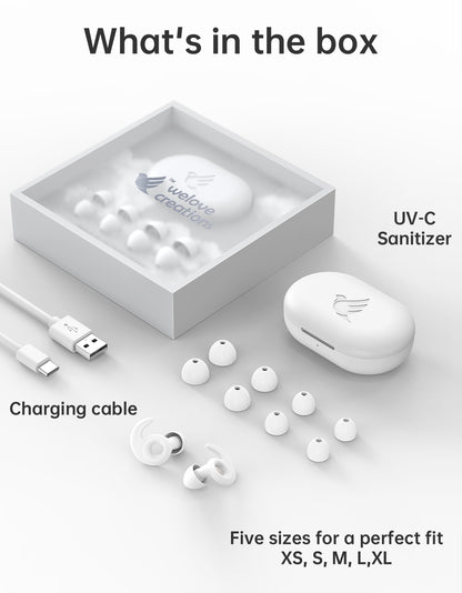 A set of Silicone earplugs for sleeping and travel White UV-C sanitizer with charging cable 