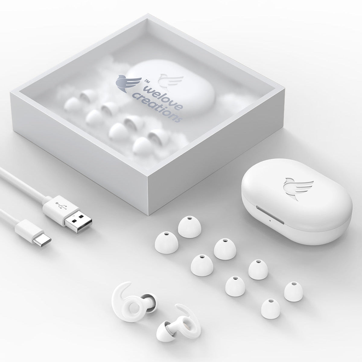 A set of Welove noise canceling Earplugs Airy white color with sanitizer case and USB cable, 5 sizes of eartips.
