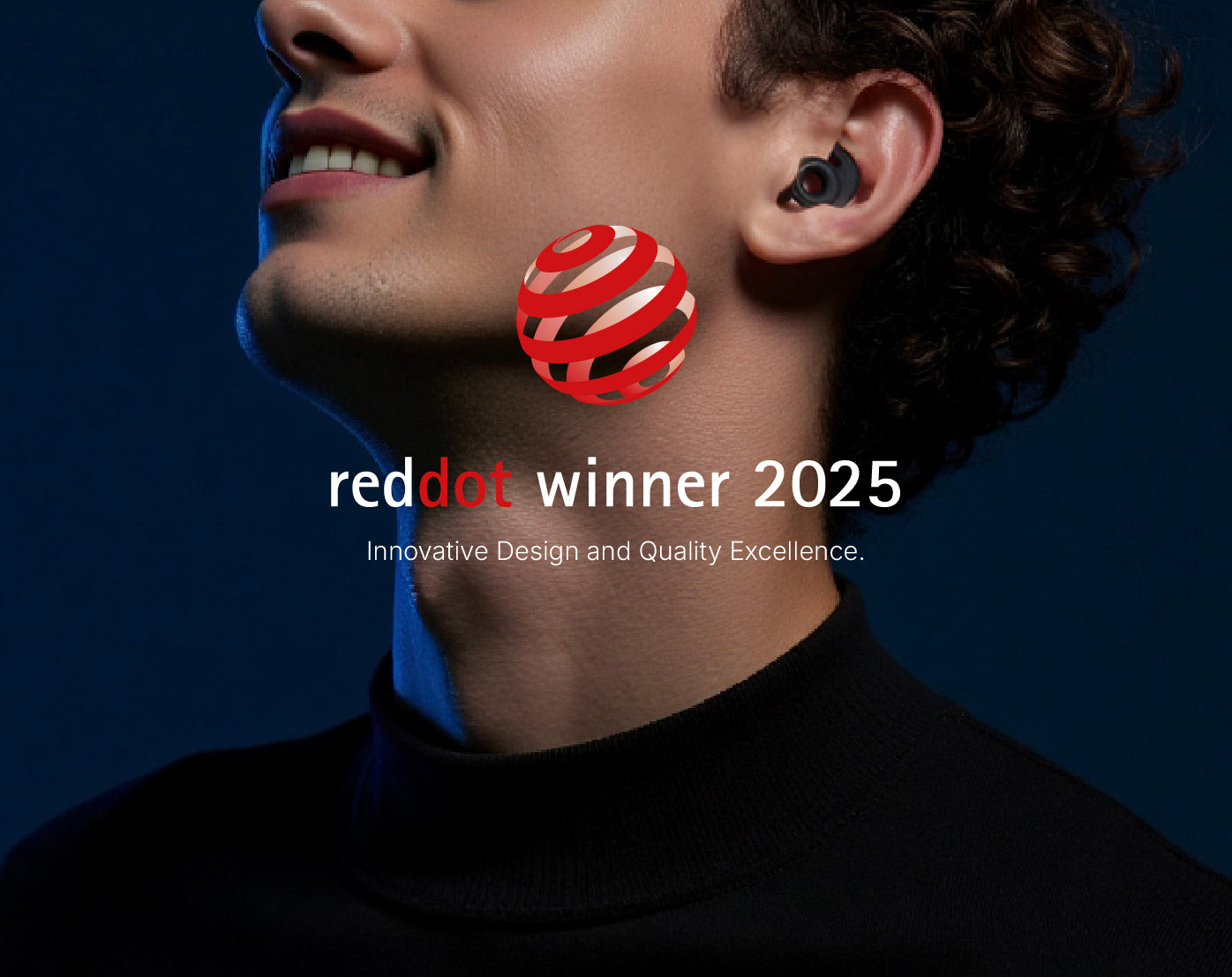 A man with Welove silicone noise canceling Earplugs for sleeping and travel, Red Dot winner 2025