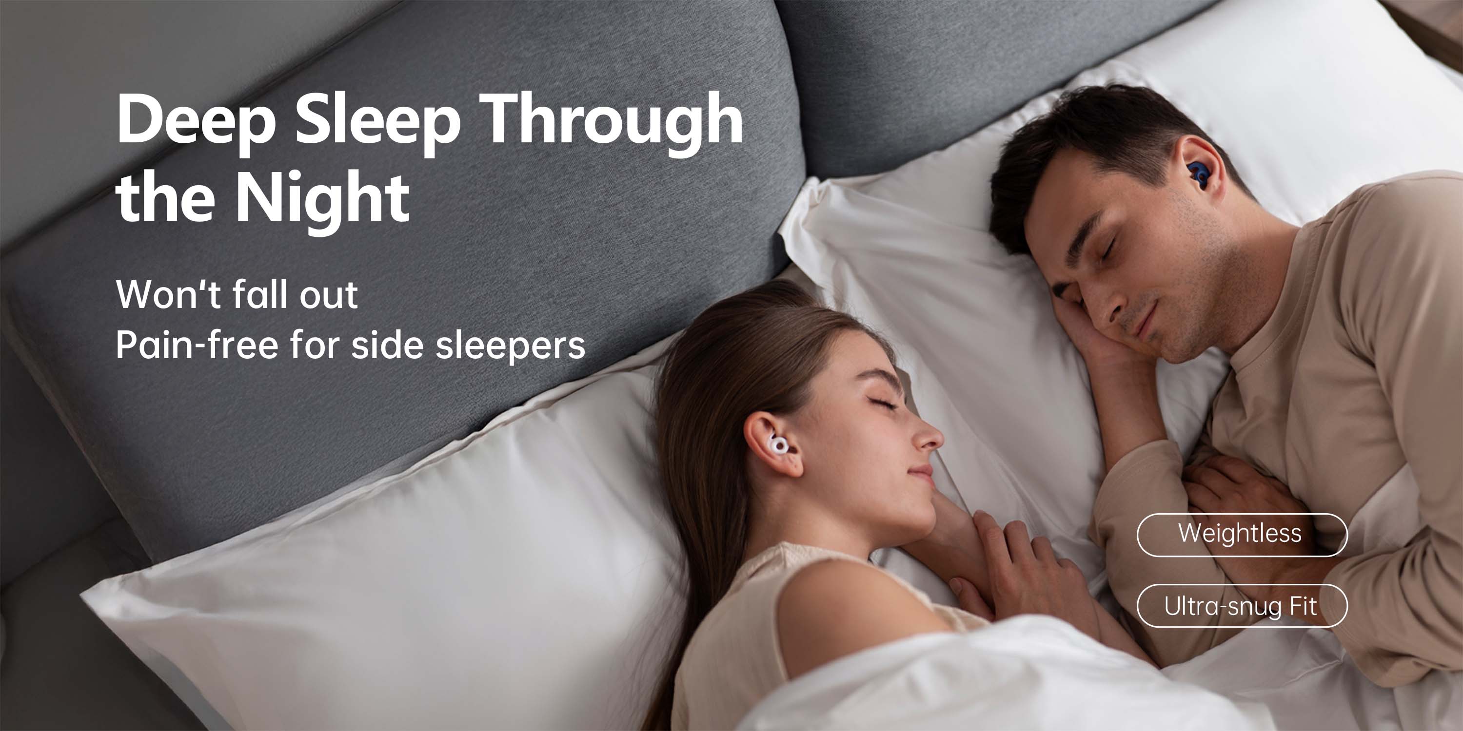 Couple sleeping with soft sleep earplugs by Welove for side sleepers