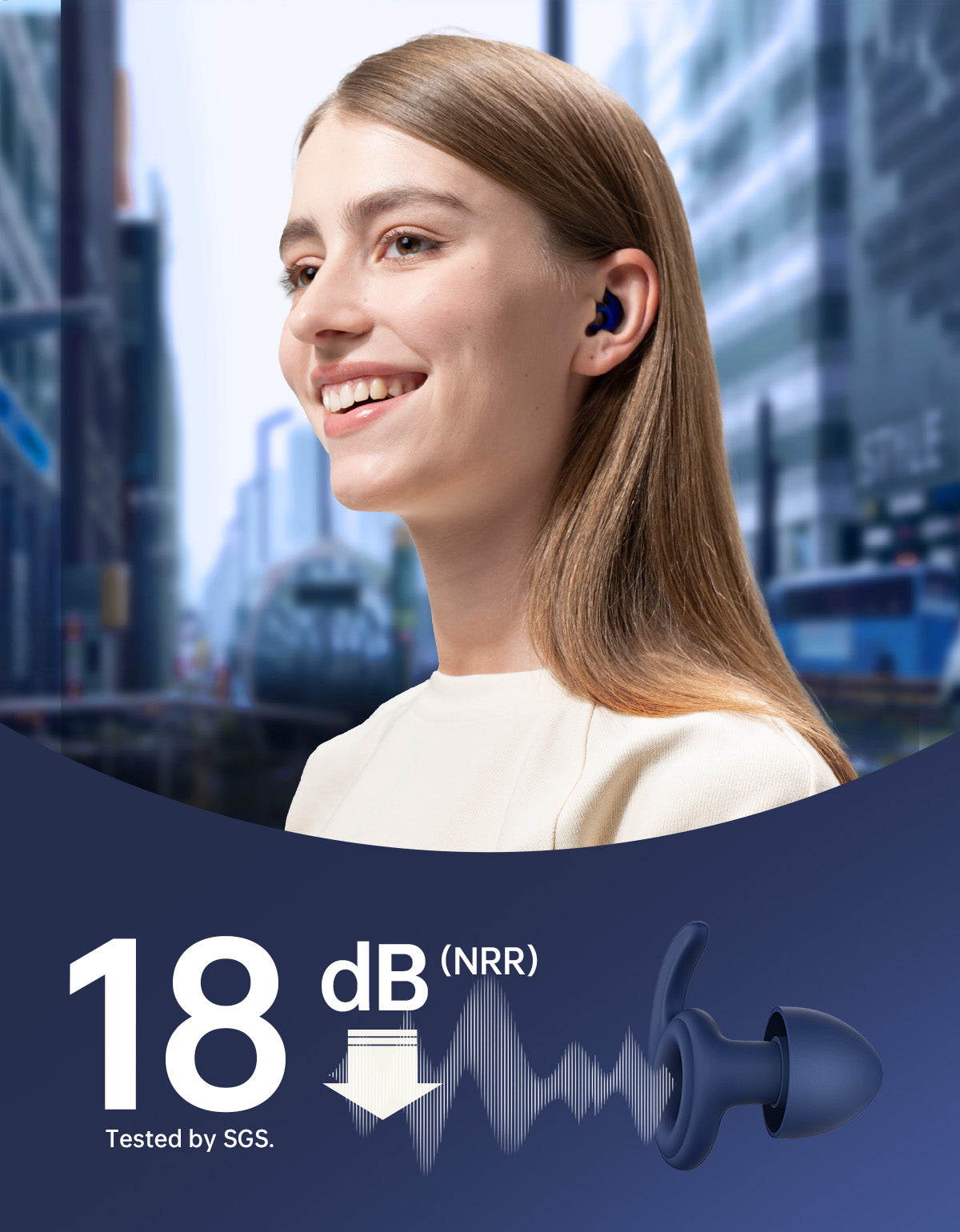 A lady feels peace as she wears a pair of welove earplugs -18 dB NRR Noise canceling Silicone Earplugs 