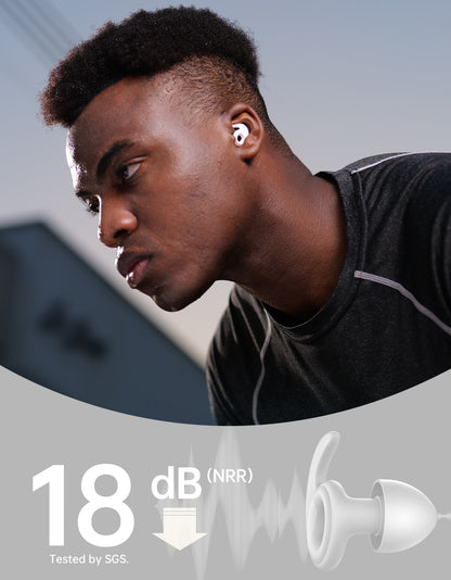 Man wearing earplugs of -18 dB NRR SGS tested  