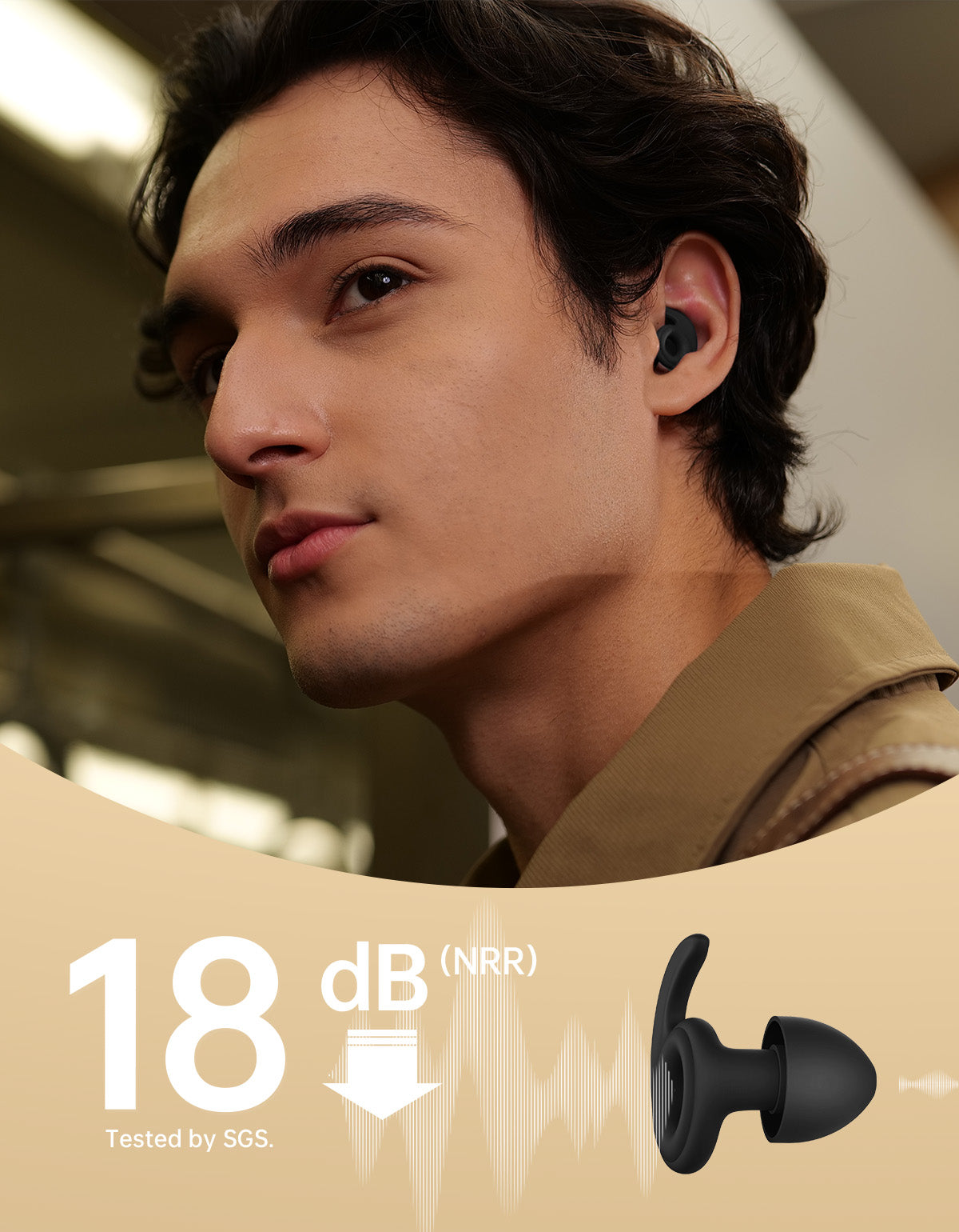 Man wearing silicone earbuds noise reduction of 18 dB NRR text GSG tested