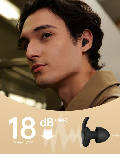 Man wearing silicone earbuds noise reduction of 18 dB NRR text GSG tested