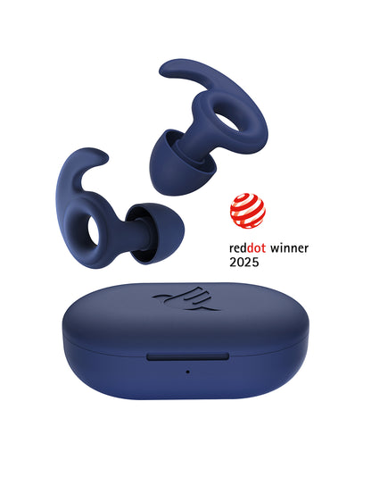 Close-up of the best earplugs for sleeping, shown with their UV-sanitizing case on a clean white background — featuring the Red Dot Design Award.