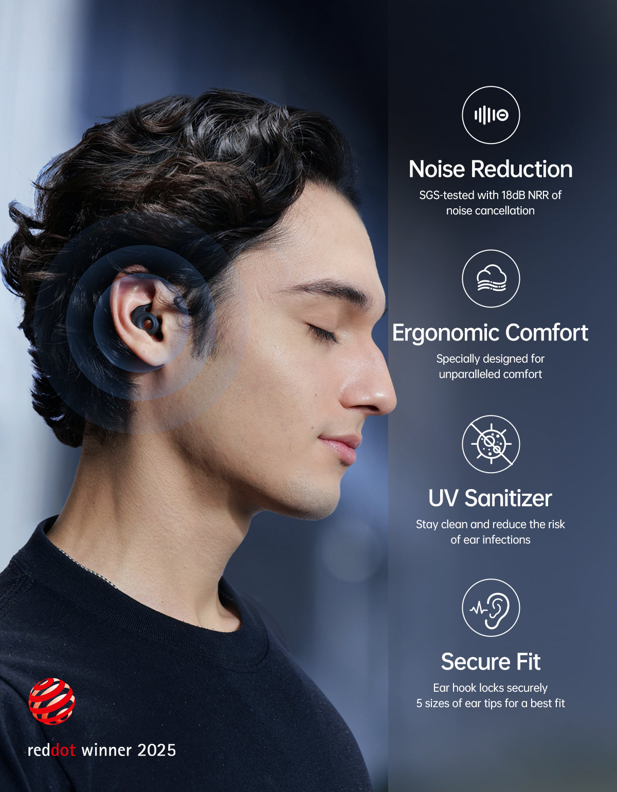 Restful night with noise cancelling earplugs featuring noise reduction, ergonomic comfort, UV sanitizer, and secure fit.