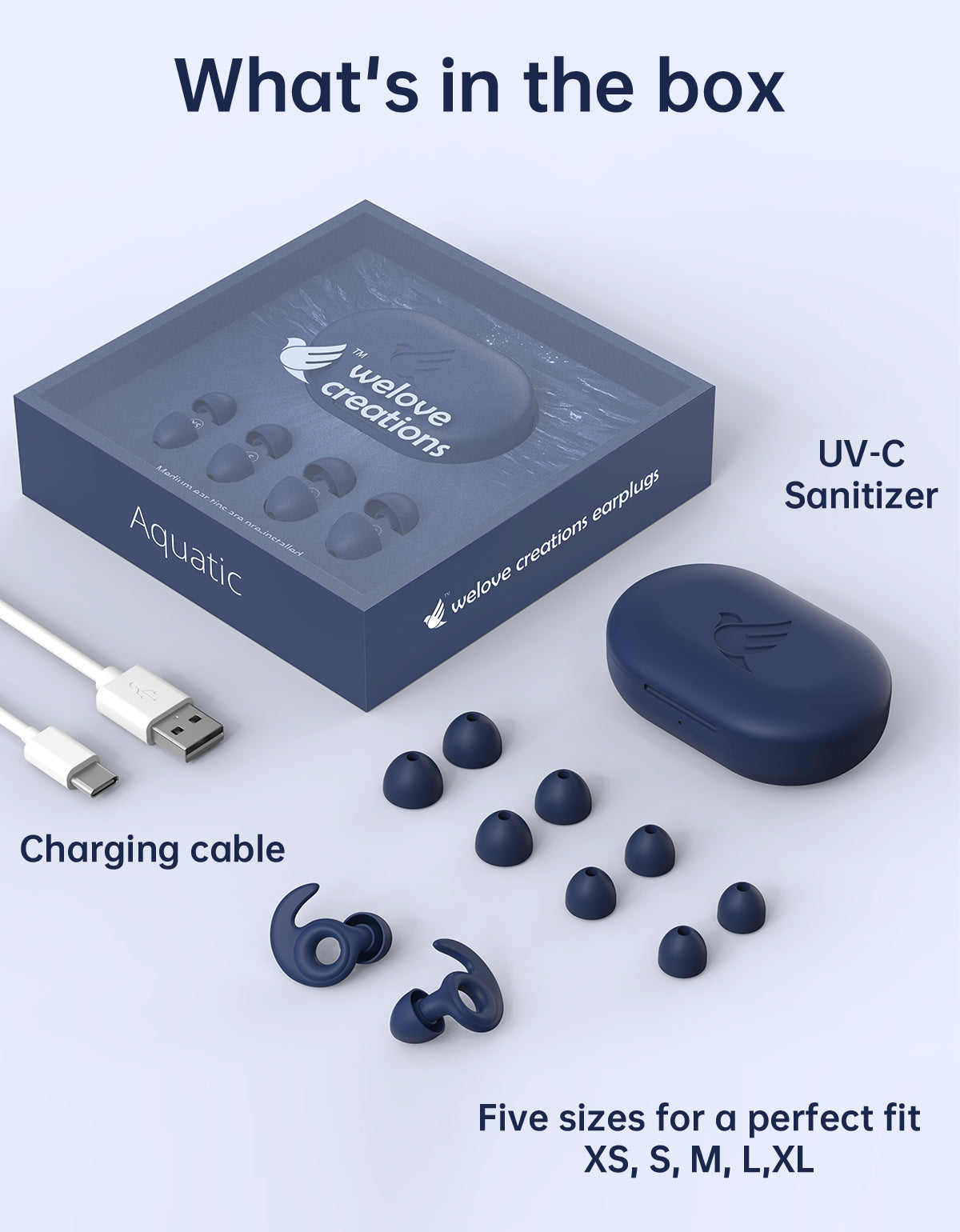 Ultra-thin hypoallergenic silicone earplugs packaging with UV-C sanitizer, charging cable, and multiple ear tips sizes