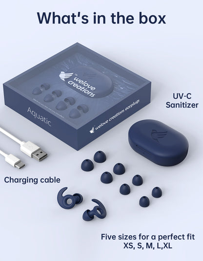 Ultra-thin hypoallergenic silicone earplugs packaging with UV-C sanitizer, charging cable, and multiple ear tips sizes