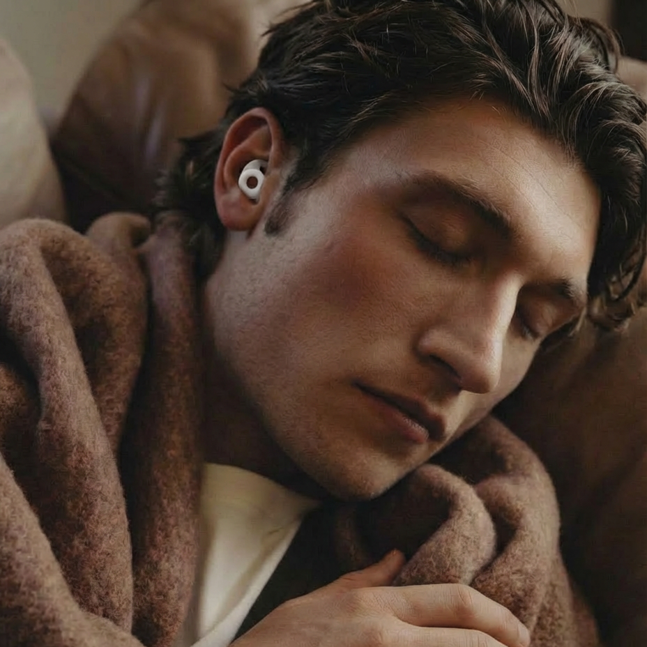 Man wrapped in a brown blanket, wearing a white welove earplugs