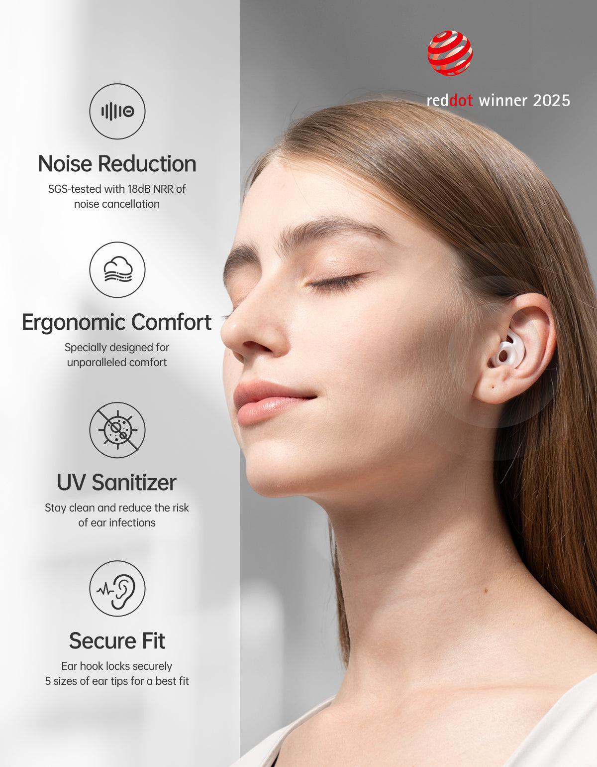 Woman wearing the best white earplugs for sleeping, shown with their UV-sanitizing case on a clean white background — featuring the Red Dot Design Award.